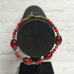 Red Glass Bead Bracelet Gold Tone Toggle Boho Romantic Statement Chic Jewelry